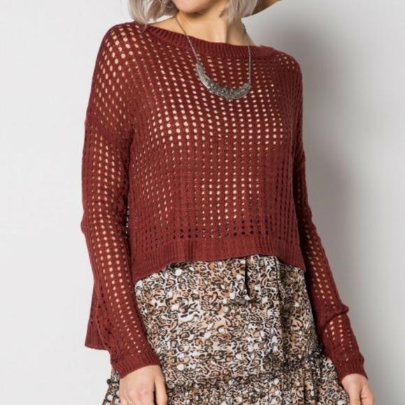 Mahogany Lattice Open Knit Hi-Lo Side Slit Sweater - Picture 5 of 6